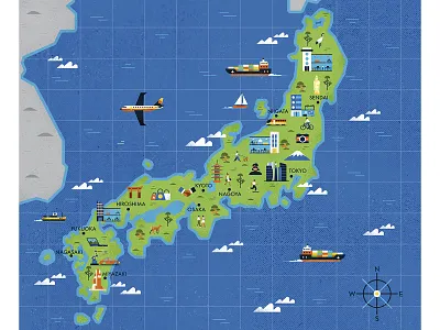 Japan character characterdesign compass design drawing graphic illustration investments japan map map illustration retro texture travel vector