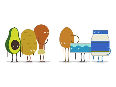 Food Crew avocado character drumstick egg eyes food illustration limbs mayo potato tuna vector