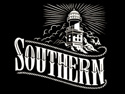Southern cloud label lighthouse rays rock rope typography windows