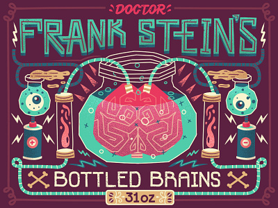 Frank Stein's Bottled Brains battery brain electricity eye frankenstein halloween illustration jar lettering science spark typography