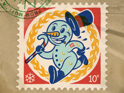 Sno' Problem candy character christmas flames hat illustration snow snowman stamp vintage walking xmas