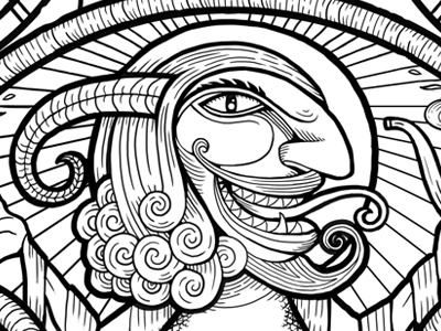 Beelzebub beard devil digital drawing face hair halo horn illustration line work monochrome tongue