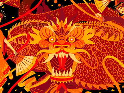 The Orient dance dragon drawing eastern illustration mask oriental power red ribbon scales teeth