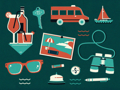 Vacation bell binoculars boat bus drinks holiday icons key pen postcard sunglasses travel