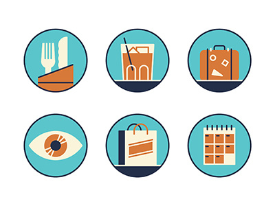 Travel guide icons design drink events flat food graphic icon illustration shopping sights travel vector