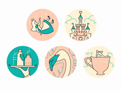 Alice in Wonderland castle cup falling flamingo girl hand heart icon leaves potion tray vector