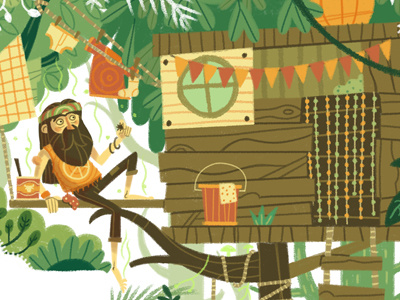 Natural High beard character drawing editorial hippy home illustration jungle laundry nature tree treehouse