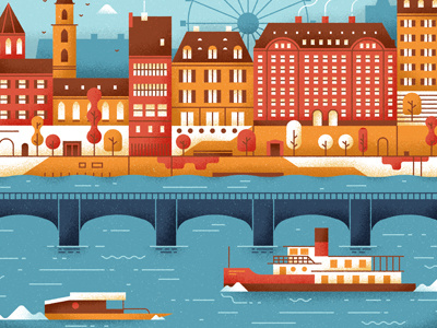 Basel boat bridge buildings clouds design editorial flat illustration landscape texture trees vector