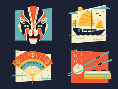 Hong Kong boat chopsticks dim sum eastern fan food icon illustration junk mask travel vector