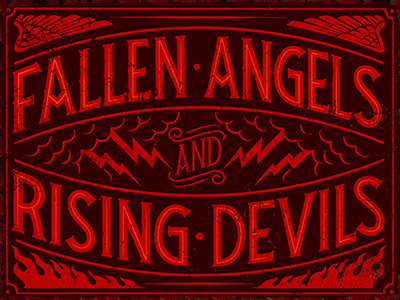 Rising Devils angel clouds devil flames illustration lettering lightning signage texture typography vintage wings
