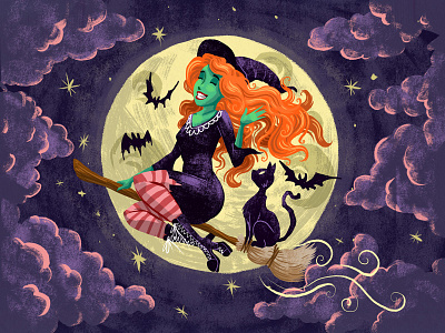Black magic woman bat broomstick brush cat character flying hair halloween illustration moon night witch