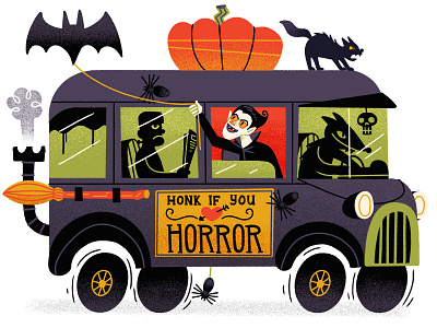 Honk if you love horror! bus cat dracula drawing halloween horror illustration monster pumpkin retro skull vintage