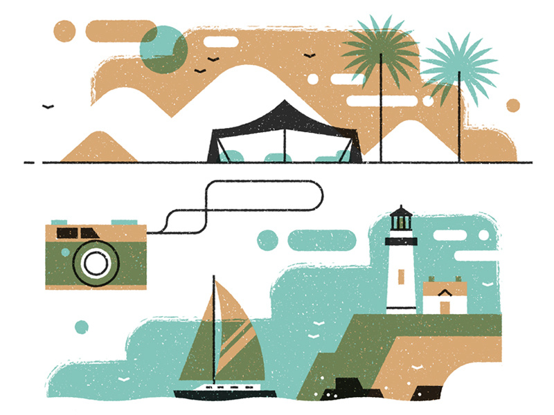 The great outdoors simple landscape texture camera geometric yacht cloud flat vector editorial illustration