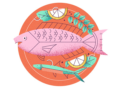 Ocean fresh eating fish flat food icon illustration lemon plate salad scales texture vector