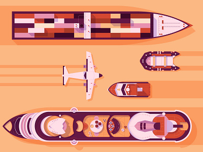 Sea transport boat editorial flat geometric illustration ocean plane shadow ship vector water