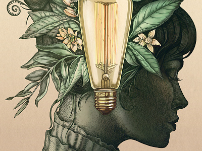 Bright Young Things botanical drawing etching face flower illustration leaves lightbulb portrait sketch texture woman