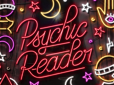Psychic Reader digital painting fortune teller illustration moon neon palm reader sign signage star texture typography window