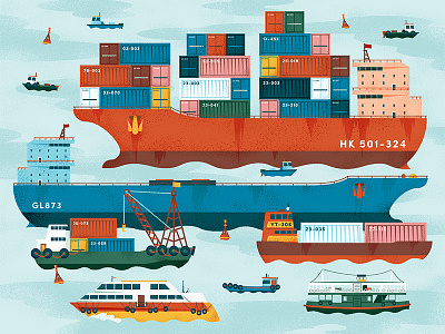 Hong Kong boat container ferry harbour icon illustration nautical ocean sea ship vector water
