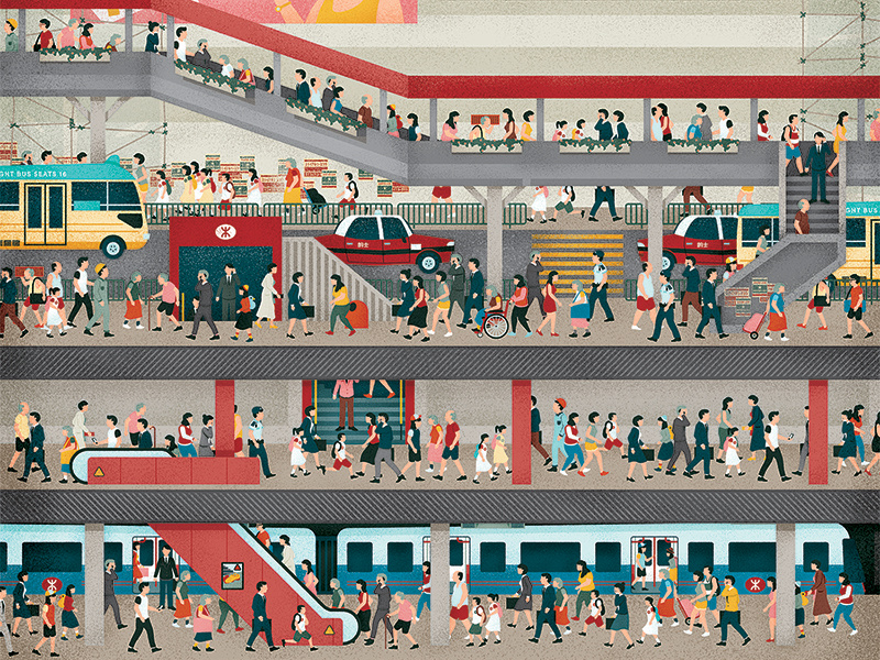 Foot traffic art hong kong city people logo texture vintage retro flat illustration icon vector