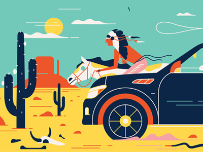 Wild west america car cowboy desert editorial flat horse icon illustration speed vector west