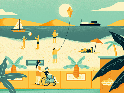 Volunteer Vacations beach boat drawing holiday illustration kite palm trees scene sun texture umbrella wheelchair