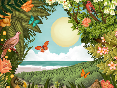 Treasure Island beach birds butterfly digital painting dodo flower forest illustration plants sun texture tropical
