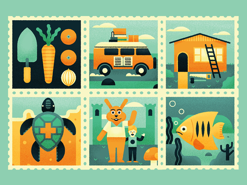 Happy Holidays! fish drawing texture house character turtle van vegetables editorial vacation vector illustration