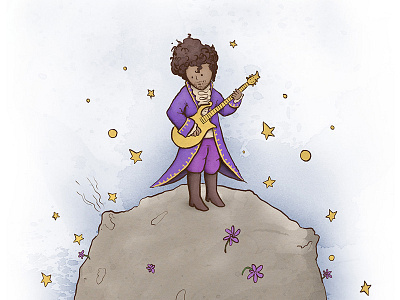 Goodbye little Prince! character digital painting drawing flowers guitar illustration musician planet stars texture watercolour