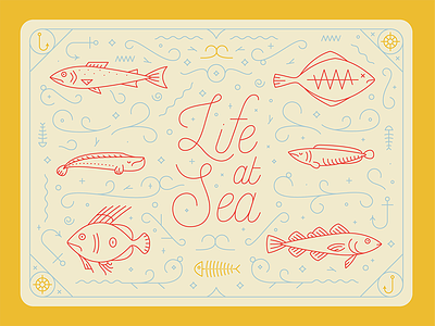Life at Sea border decoration fins fish hook lettering ocean pattern sea type water