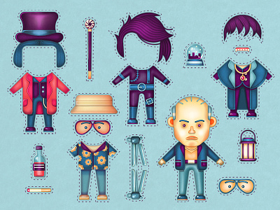 The many faces of Johnny Depp. character cut out doll digital painting glasses hat illustration johnny depp man snow globe texture vector willy wonka