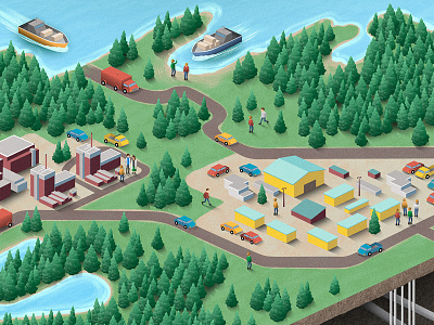 Depot boats building car forest humans isometric lake ocean people trees truck vehicle