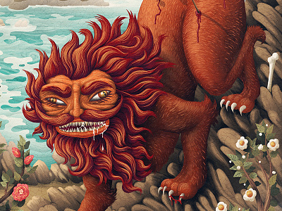 Folklore character creature digital painting flowers illustration legend lion monster myth sea teeth texture