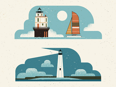 The Bay boat editorial flat illustration lighthouse map ocean retro sea texture vector vintage