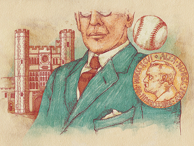 Woodrow Wilson baseball building character coin digital painting etching illustration paper president suit texture watercolour