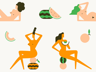 Melons body boobs character fruit hair illustration nude poster retro sexy vector vintage