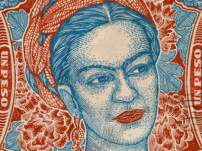 Frida Kahlo digital art etching flowers illustration letter mexico portrait postage stamp texture vintage woman