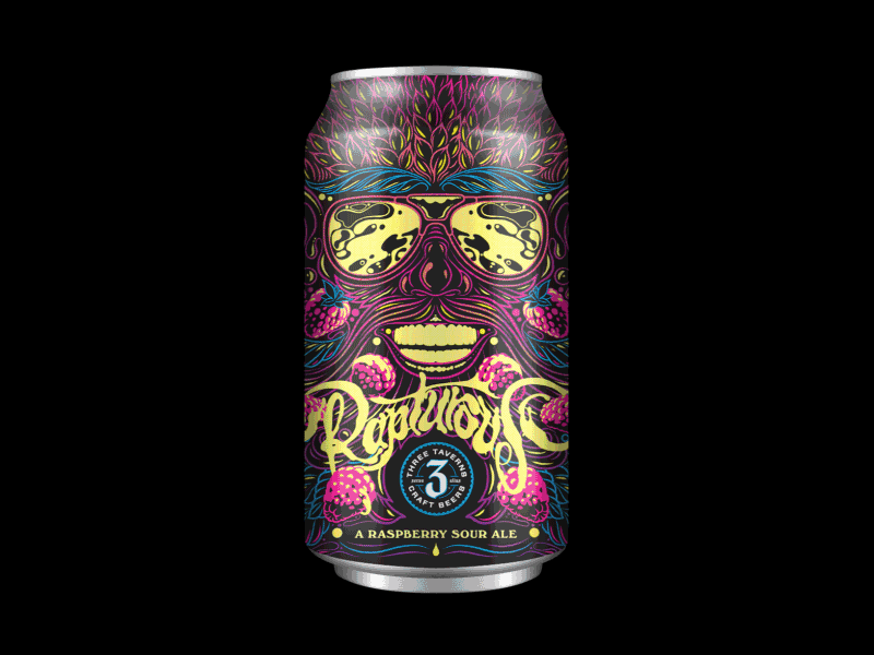Rapturous ale can character drawing face glasses illustration lettering packaging raspberry texture typography