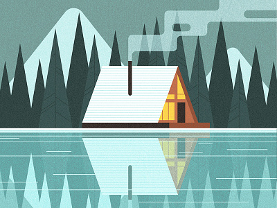 Snowy Cabin editorial house illustration landscape midcentury reflection retro snow tranquil travel vector vintage