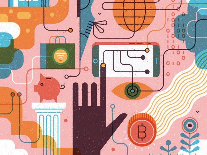 Bitcoins digital print tech editorial texture vector flat bitcoin vintage retro hand illustration