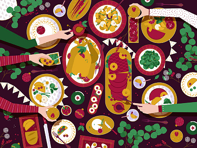 Festive Feast! christmas feast flat food graphic illustration plates table turkey vector