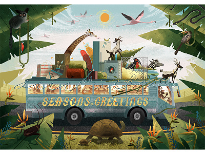 Season's Greetings africa animal bus character character design clouds digital painting holiday illustration jungle plants texture