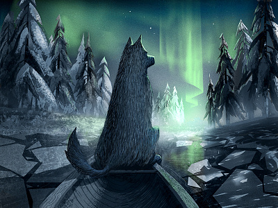 Follow Your Nose boat character digital painting dog illustration night northern lights sky stars texture tree