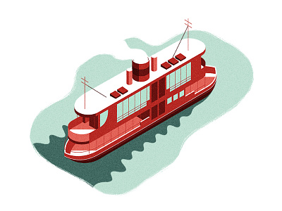 All Aboard boat cruising ferry isometric shadow ship smoke steam vector water