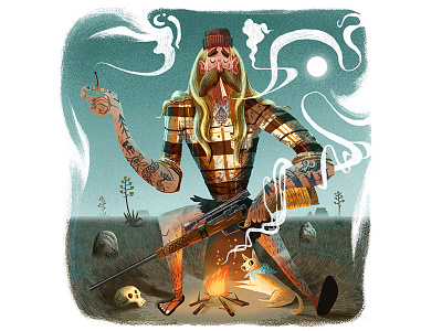 Post Apocalyptic Smoke Break animal character chill fire gun landscape man match rifle skull smoke tattoo