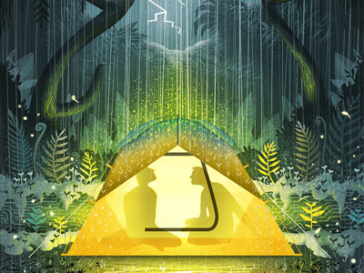 Camping in the rain camping character drawn editorial illustration rain retro storm tent texture vintage warm
