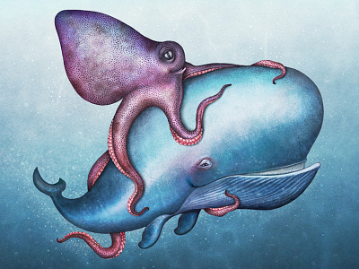 Hugs! animals character character design creature digital painting illustration ocean octopus sea tail texture whale