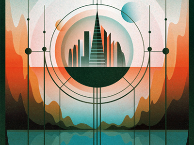 F I R S T C O L O N Y city fiction landscape mountains planet reflection retro sci fi science type vintage water