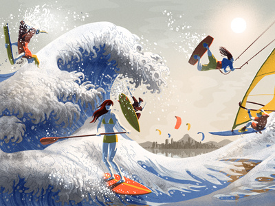 Surf's up! beach character drawn editorial illustration kanagawa ocean retro sport surfing vintage wave