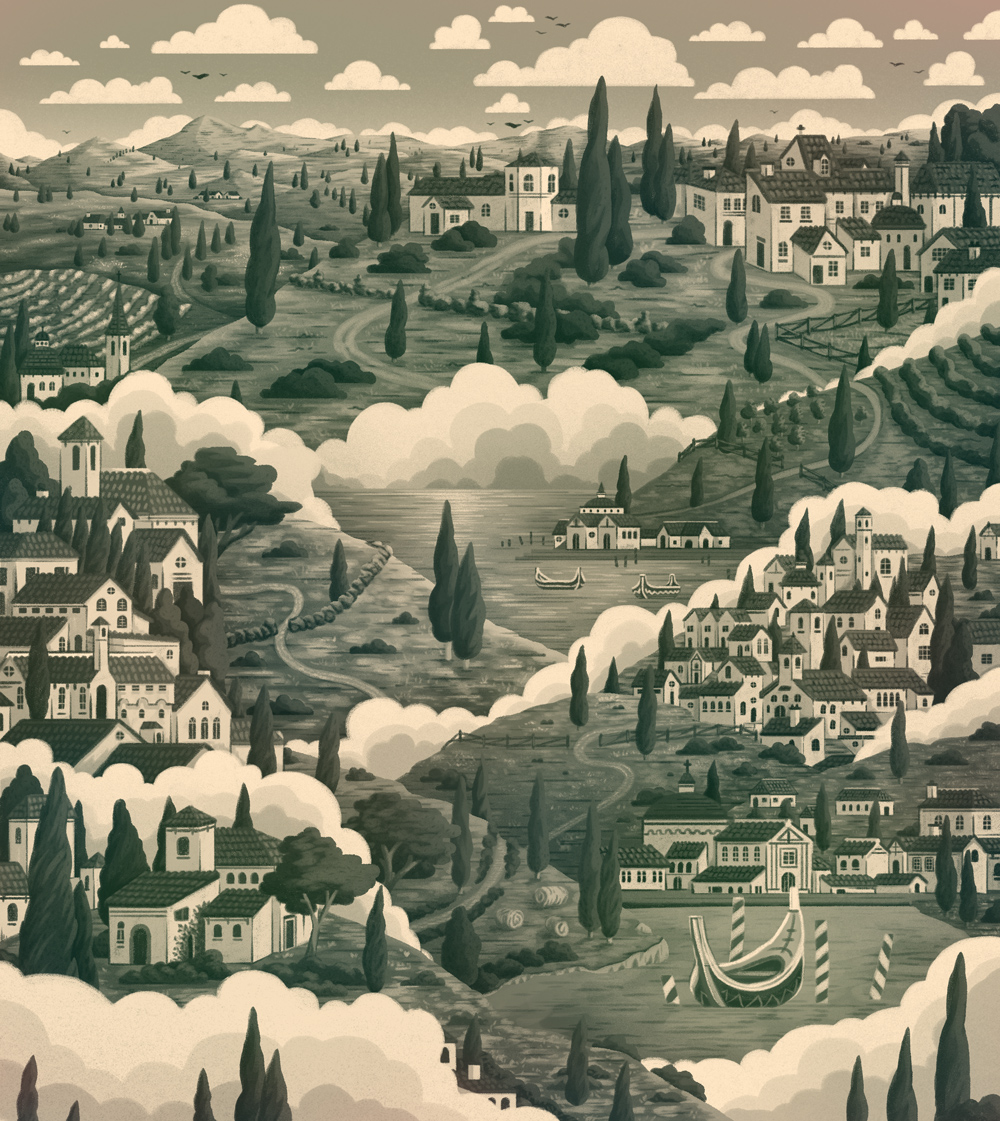 Иллюстрация города в горе.