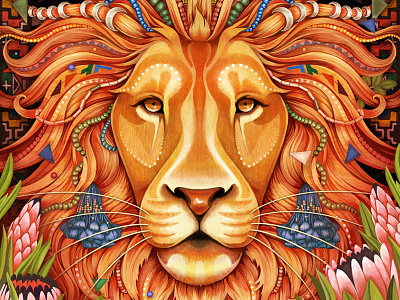 Psychedelic Lion africa animal beads character digital painting feline flowers illustration lion mane pattern texture